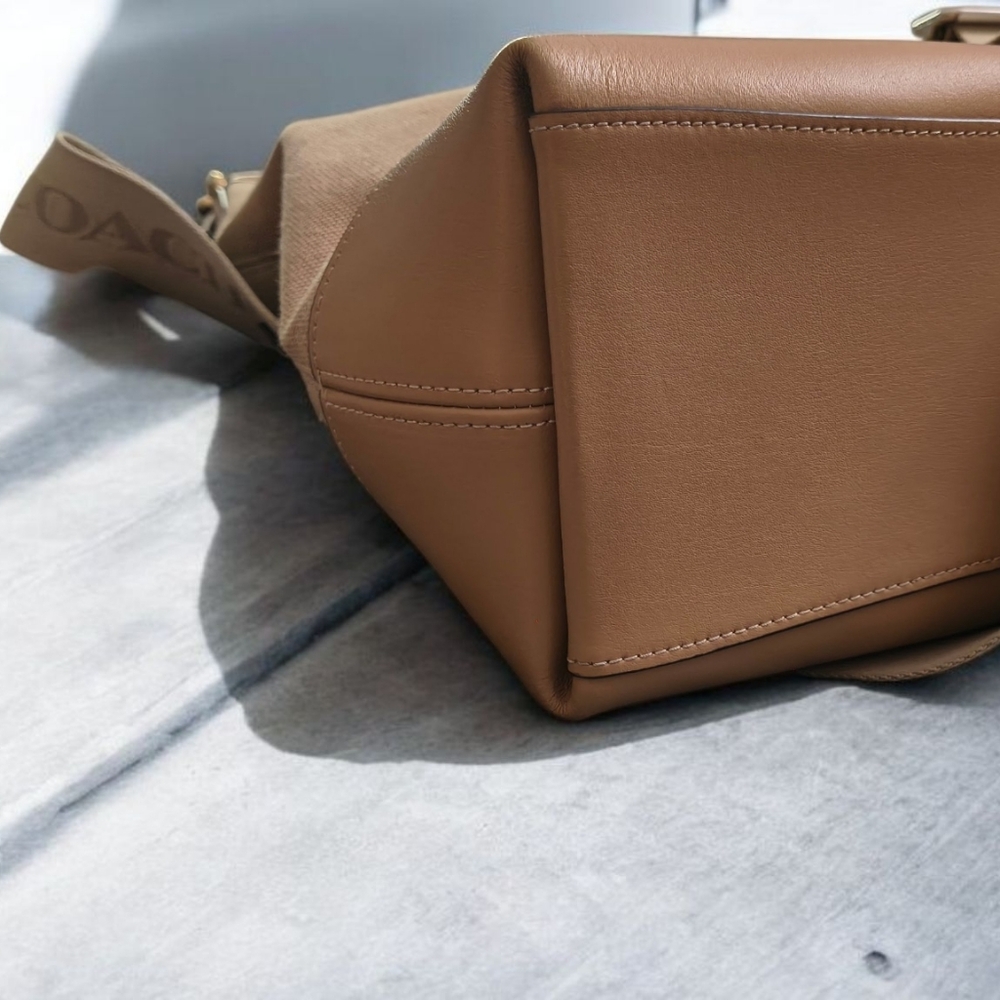 Coach Brown Leather and Tan Canvas Hobo Bag with Signature Crossbody Strap - Picture 9 of 12